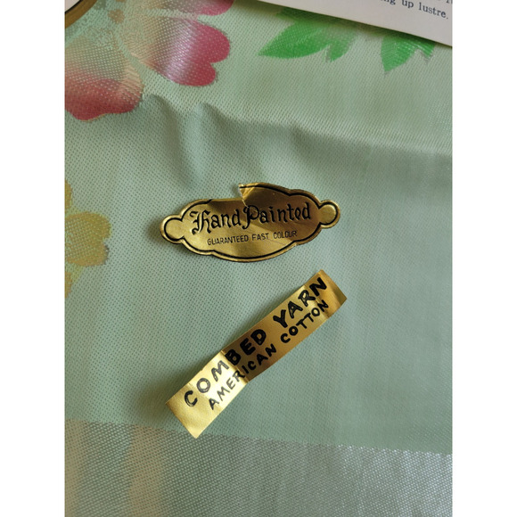 Vtg Table Cloth Napkins Set Green Floral Hand Painted Combed Yarns Damask - Picture 6 of 13